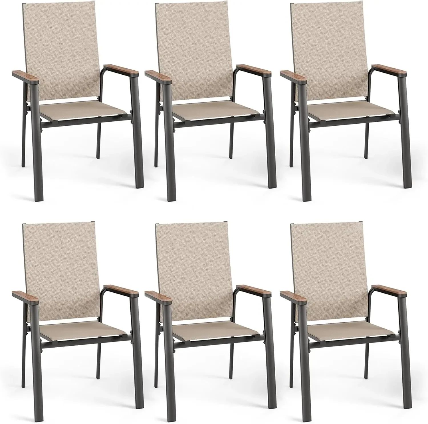 PHI VILLA Outdoor Stackable Dining Chairs Set of 6, Beige, Lightweight Aluminum Frame, Textilene Fabric,  Garden  Lawn.