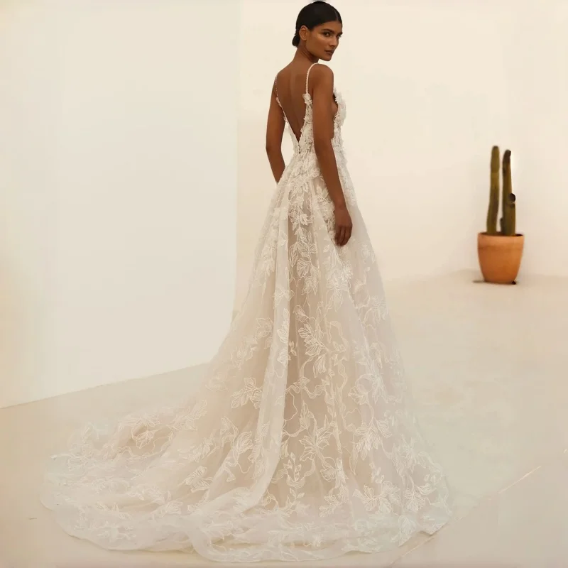 Bohemian Deep V Lace A-Line Wedding Dress Spaghetti Straps Floral Embroidery Nude Lining Chapel Train Bridal Gown Customizable