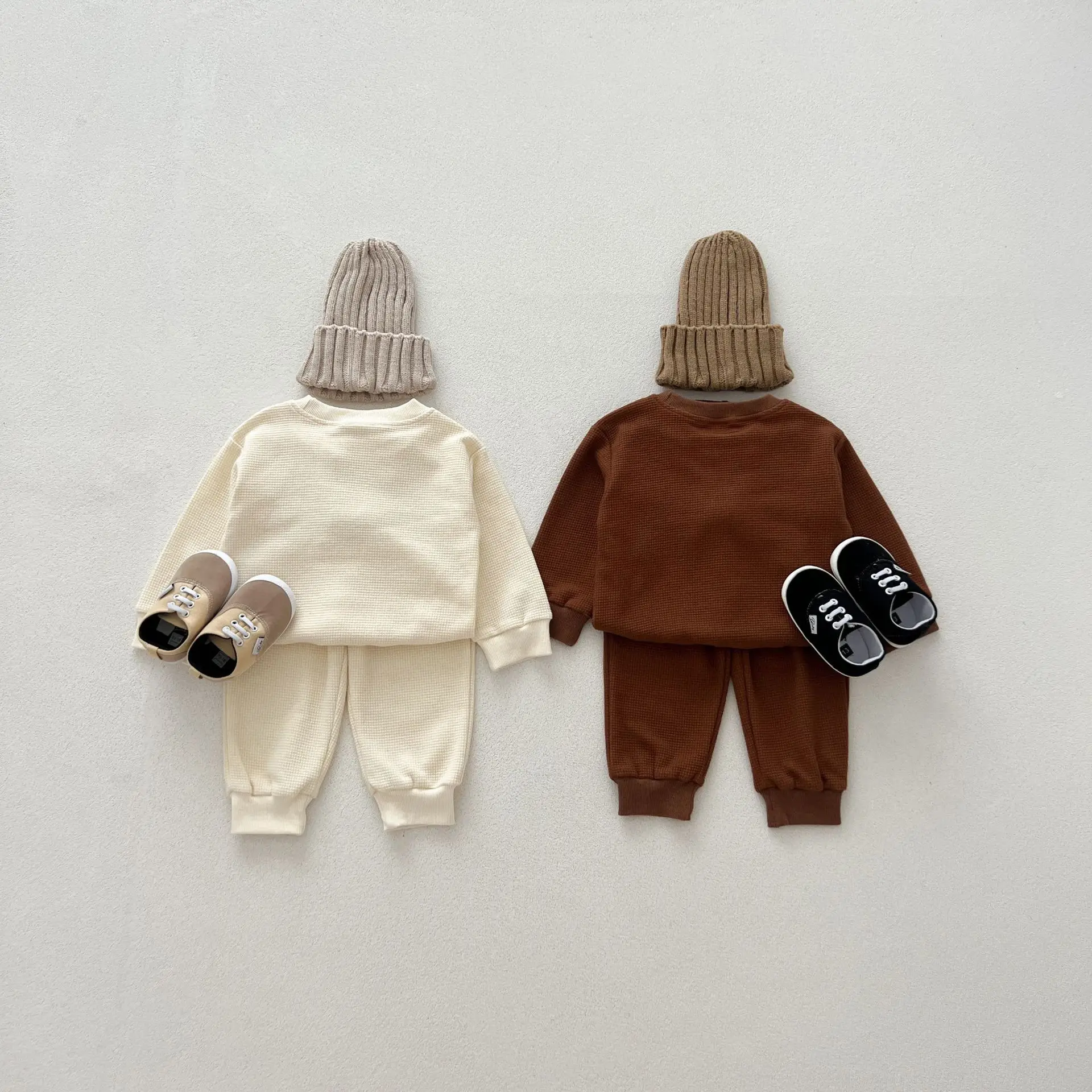 2024 Korean Autumn Infant Boy 2PCS Clothes Set Cartoon Bear Pocket Waffle Pullovers Cotton Solid Pants Suit Toddler Boy Outfit