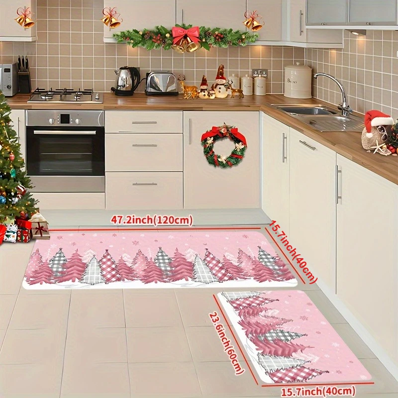 Merry Christmas Pink Xmas Tree Non-slip Door Mat Winter Xmas Entrance Welcome Rug Bedroom Bedside Foot Mat Christmas Decorations