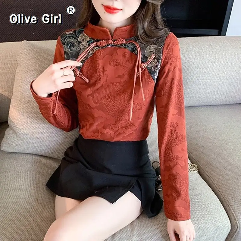Olivegirl Chinese Shirt Women's Blouse 2026  Button-up Spring New European Top Jacquard Embroidered Inner Shirt