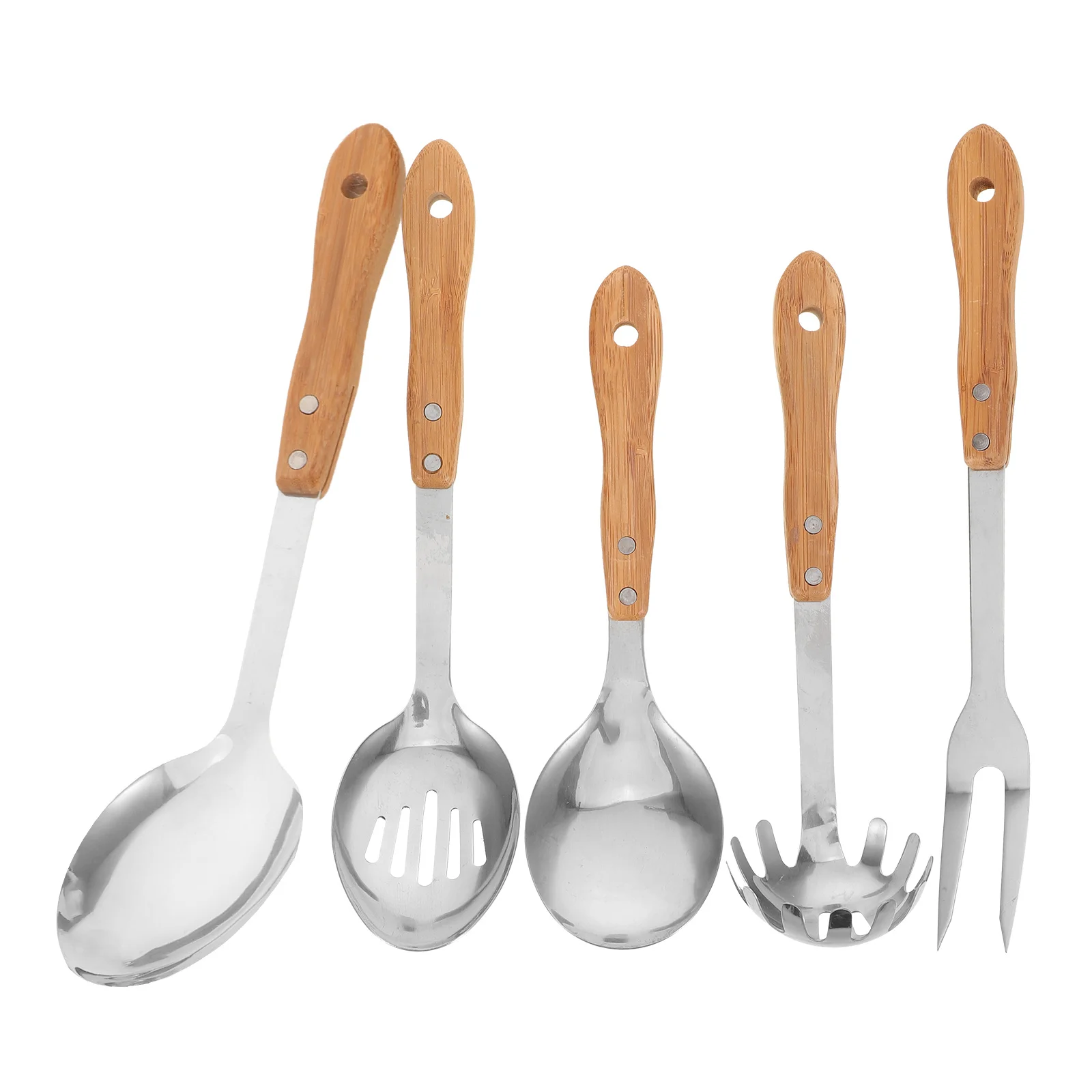 

Набор кухонных принадлежностей из 5 предметов: ложки, вилки, половники из нержавеющей стали с бамбуковыми ручками, термостойкие, с антипригарным покрытием