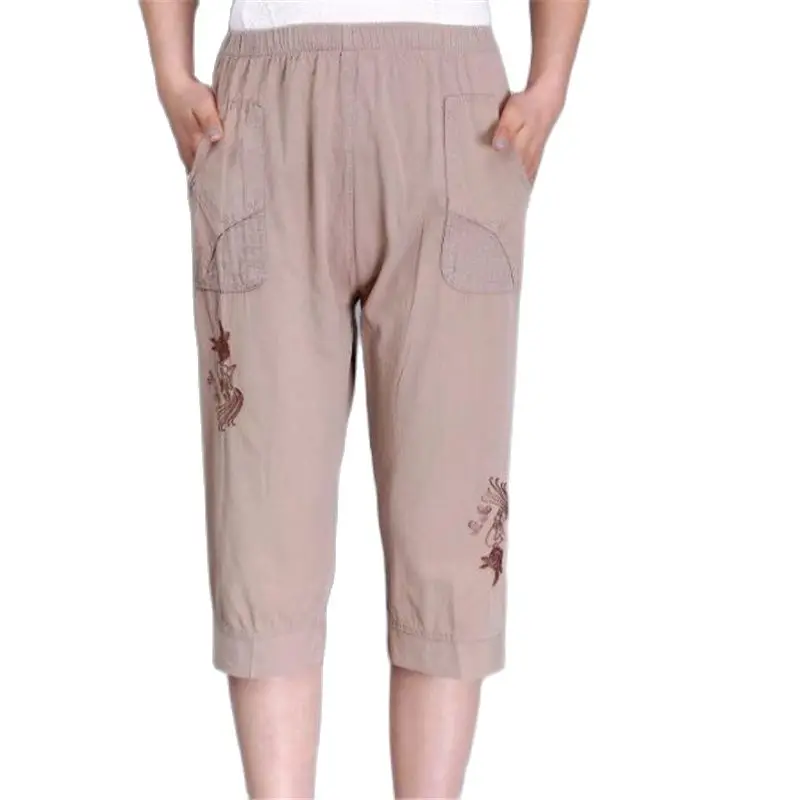 Donna primavera vendita calda 100% cotone pantaloni donna estate vendita calda pantaloni sottili donna elastico in vita Capris Lady lunghezza al ginocchio