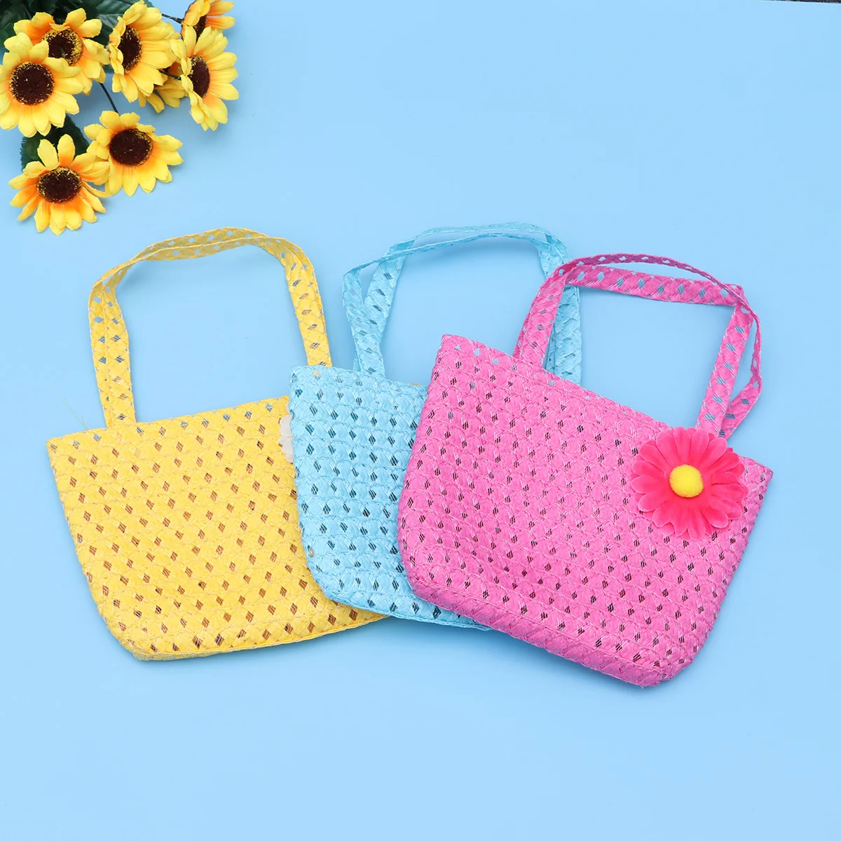 

6pcs Children's Sunflower Straw Hat Bag Set Colorful Straw Hat Bag for Kids Decoration (Rose Red + Blue + Yellow)