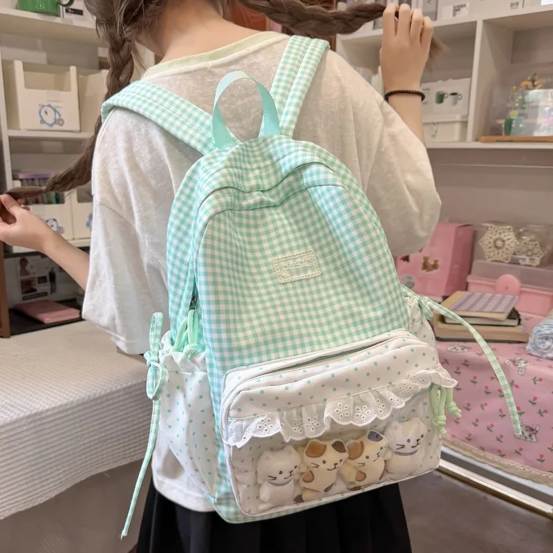 Girls Polka Dot Rucksack Large Capacity Trendy Dot Pattern School Bag with Compartments Soft Lace Daypack Commute Studying Pouch