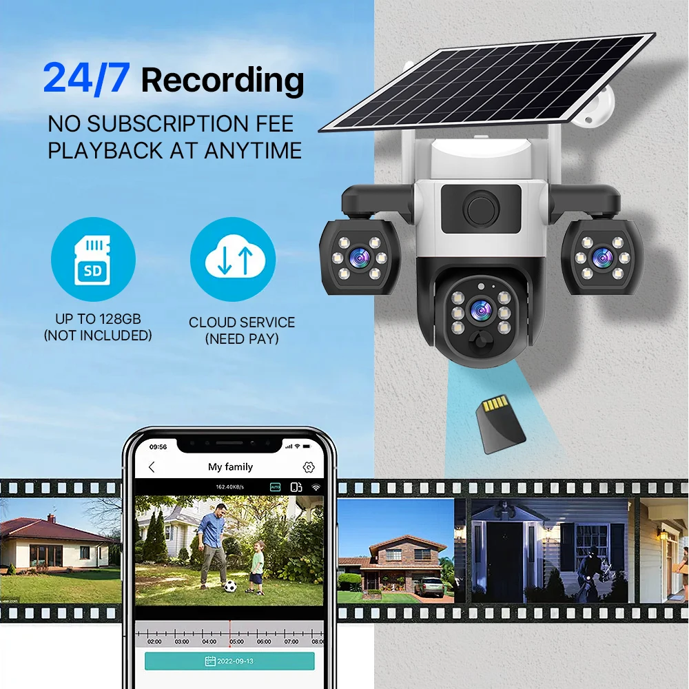 V380 pro câmera solar 4g sim ao ar livre três lentes três telas pir humano detectar cctv bateria de segurança ptz ip camara fazenda pomar