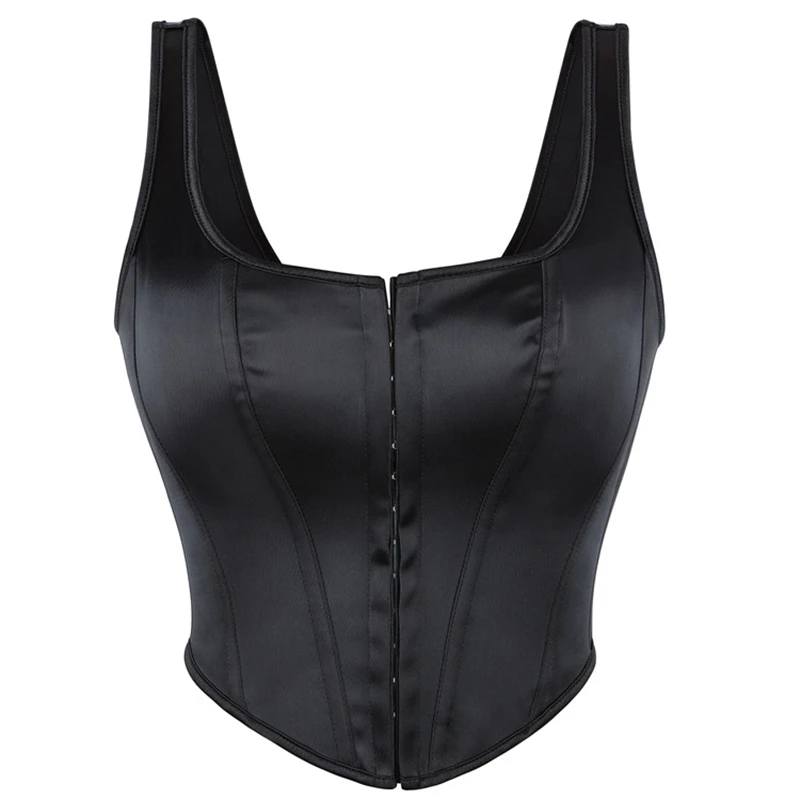 Vintage Satin Corset Crop Top Women Black Lace Up Overbust Corset Vest Gothic Body Shaper Korsett Lingerie Sexy Basques Corselet