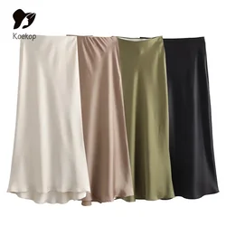 Koekop Woman 2024 Satin Skirt  For Women Summer Black Midi Skirt Office Elegant Women's Skirts Women High Waist Long Skirts