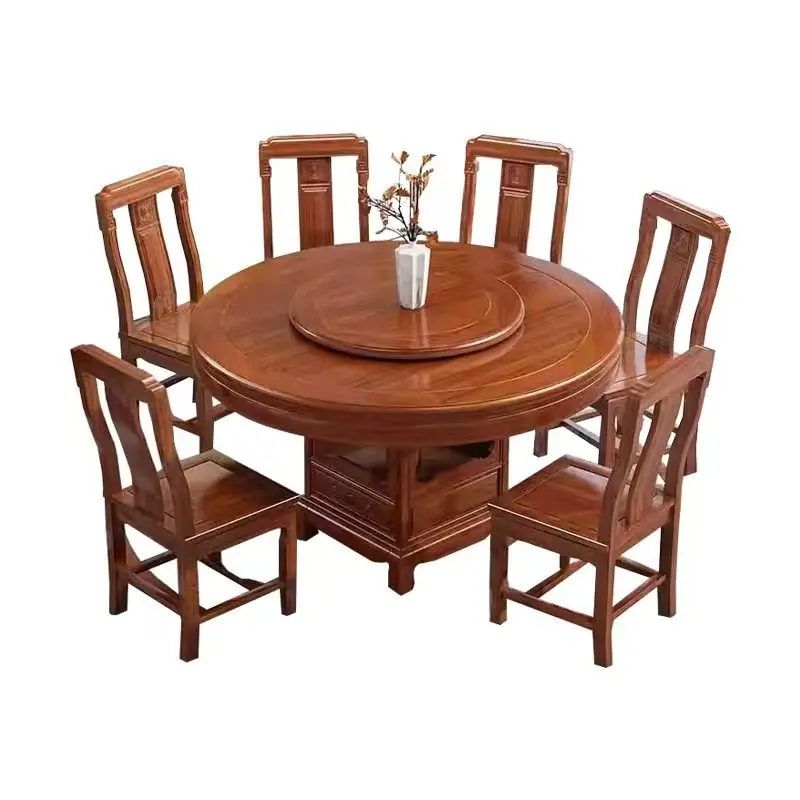 &c Chinese-Style Solid Wood Dining Table Set 6-12 Seater Lazy Susan Carved Pedestal Extendable Dinning Room Furniture for Home