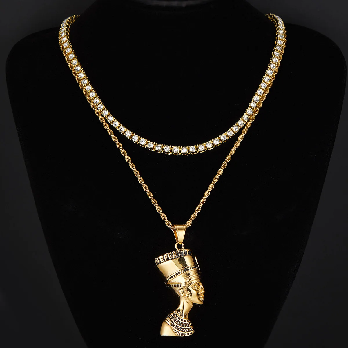 

4 mm AAA rhinestone zinc alloy pvd plated 3 pcs set Egyptian Pharaoh pendants tennis necklace hip hop iced out cuban chain link