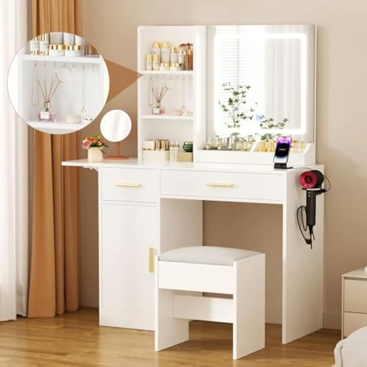 White Modern Vanity Desk Featuring Adjustable LED Mirror Lighting, Expandable Foldable Extension Surface, Integrated Charging Hu