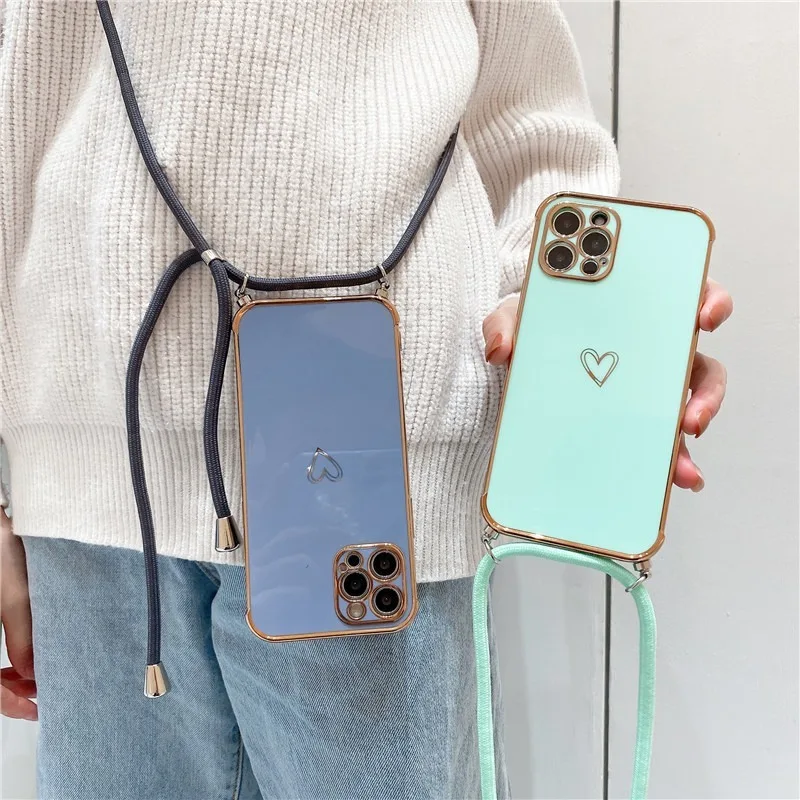 Luxury Crossbody Necklace Lanyard Plating Love Heart Soft Case For iPhone 13 Pro Max 14Cover