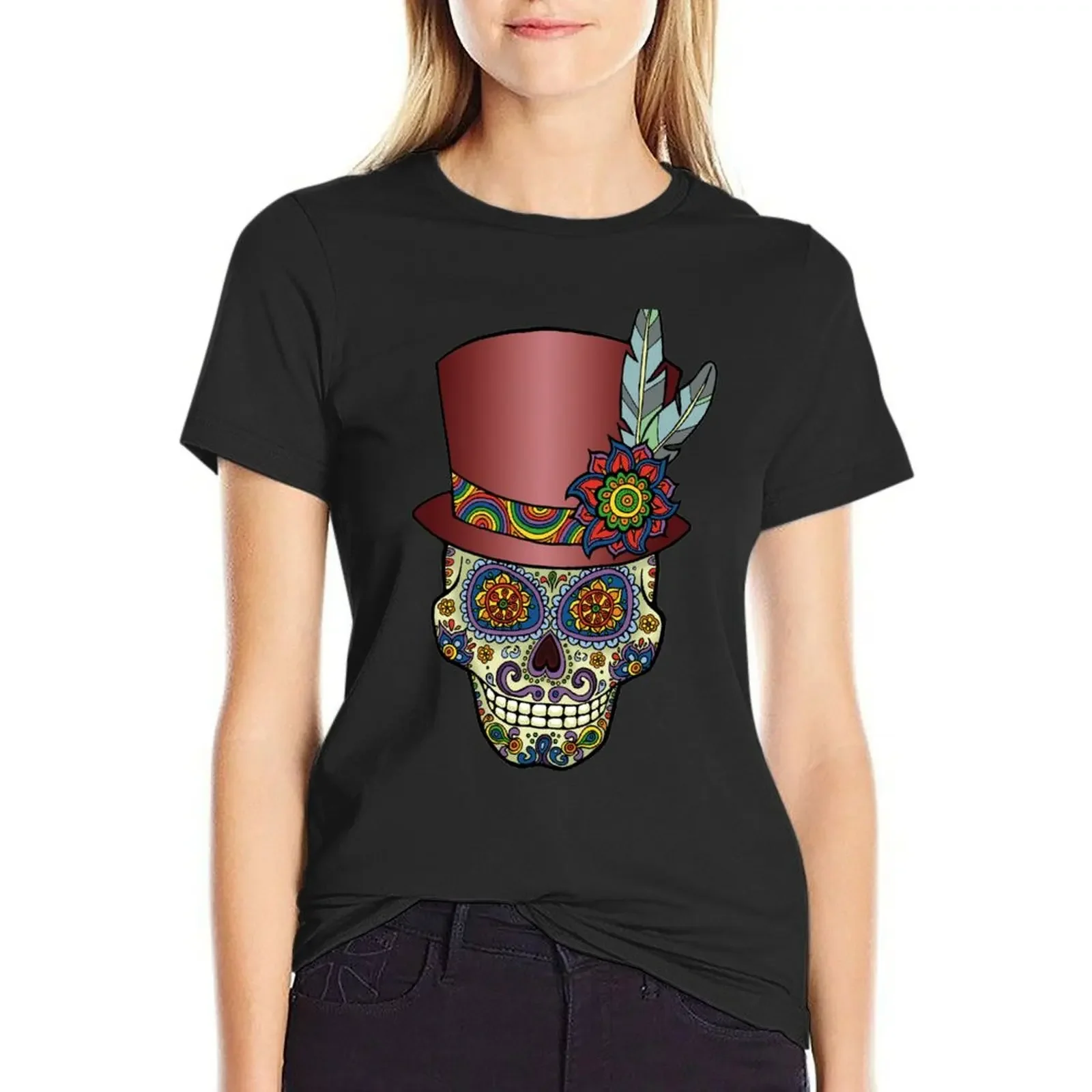 

Sugar Skull Two - Mexican Top Hat - Dia de Los Muertos T-Shirt blanks Short sleeve tee black t-shirts for Women