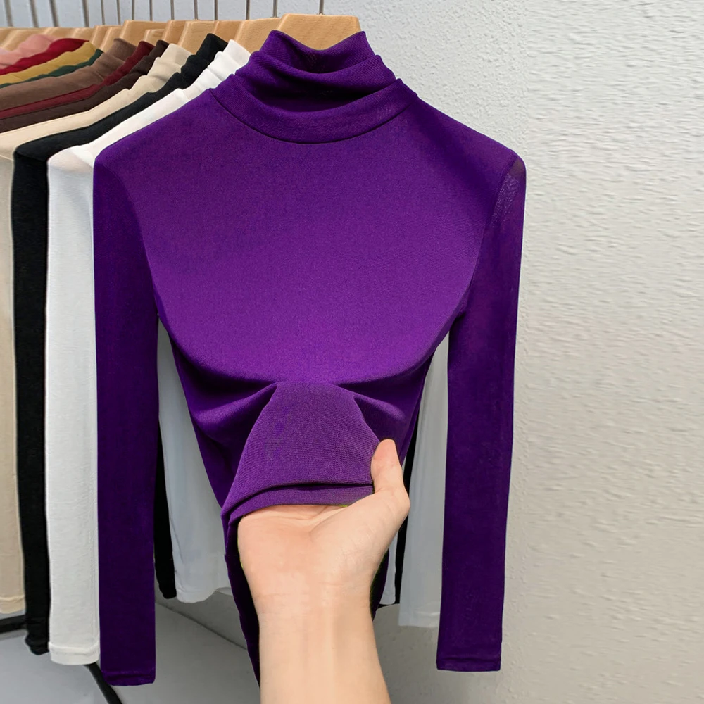 

New Fashion Y2K See Through T Shirt Basic Turtleneck Long Sleeve Women T-shirt Long Sleeve Slim Stretch Tops Ladies Sexy Tees