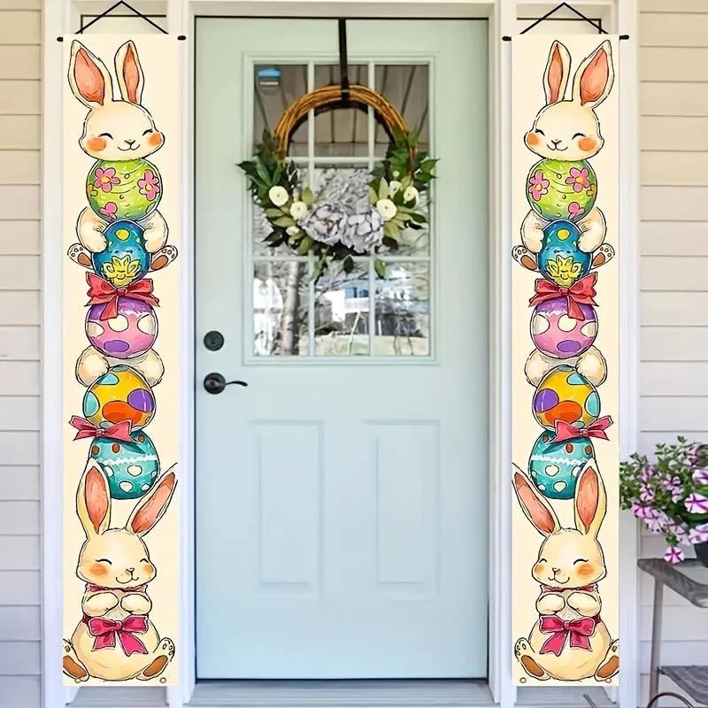 Happy Easter 2pcs Door Banner Set Rabbit Eggs Carrots Design Durable Polyester Welcome Sign for Home Outdoor Decor