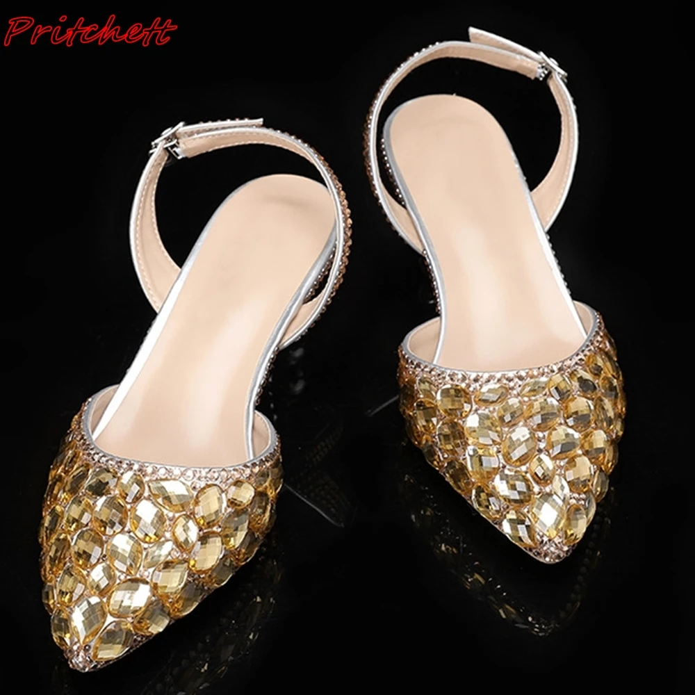 Bomba de strass bling feminina, dedo apontado, fivela metálica traseira, estilo estranho, sapato raso slingback, festa de casamento, primavera, verão, 2022