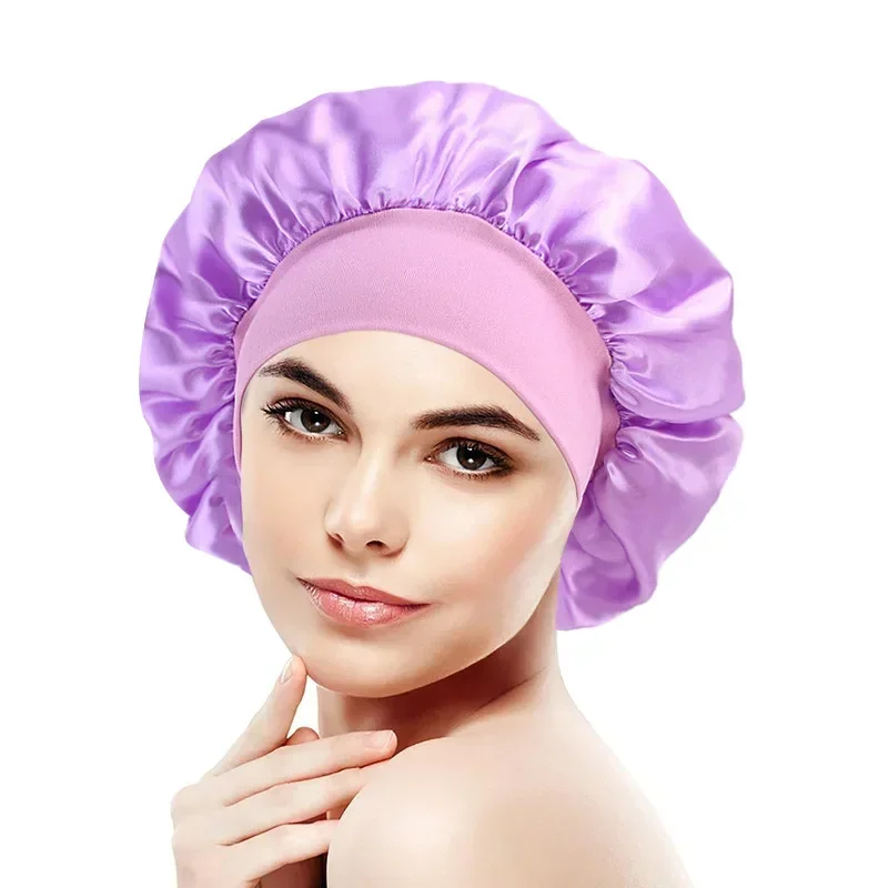 Women Sleeping Caps Bathroom Satin Solid Color Stretch Bonnets Hair Hat for Daily Use and Beauty