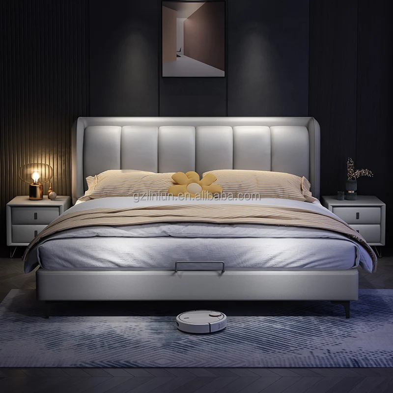 #Newly Solid Wood Frame Microfiber Leather Cover High Quality Italian Style King Size Bed