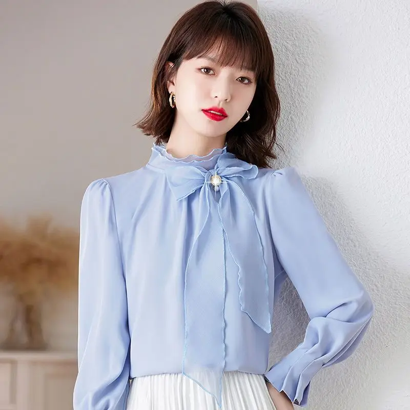 2025 Spring New Style Long-sleeved Bow Shirt Pink Stand-up Collar Chiffon Shirt Women Top