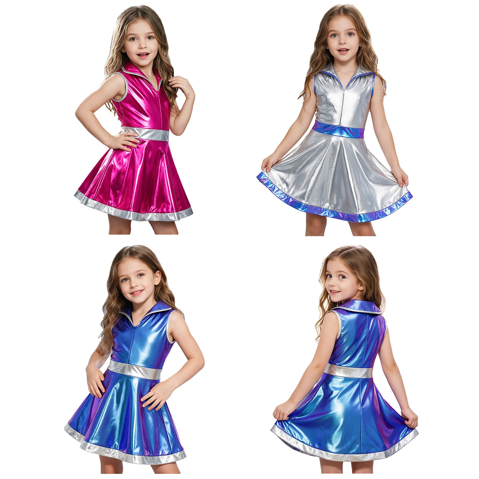 Kids Girls Metallic Shiny Disco Jazz Dance Dress Halloween Theme Party Alien Alien Robot Space Cadet Galaxy Warrior Costume