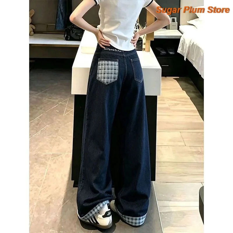 American Retro Washed Bow Plaid Stitching Jeans Women's Summer New High Waist Comfortable and Relaxed Slim Trend Wide-leg Pants.