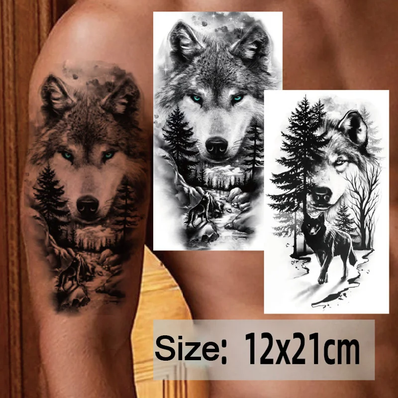 Waterproof Temporary Tattoo Sticker Forest Big Tiger Lion Wolf King Body Arm Hand Cool Art Black Animal Men Women Fake Tattoos