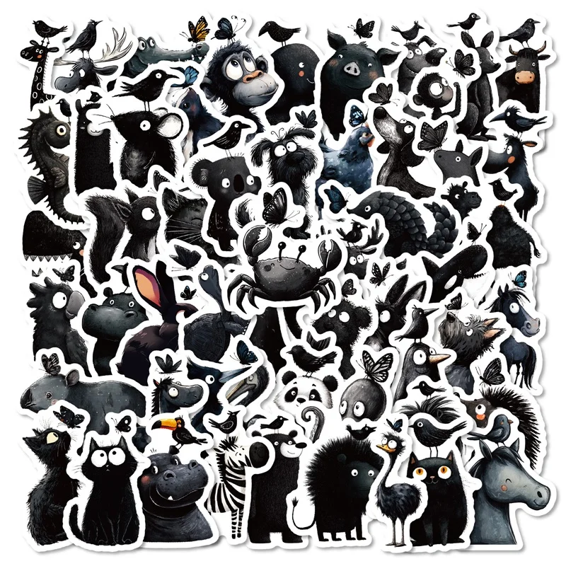 10/30/56PCS Cartoon Black Animal PVC Sticky Sticker Aesthetic Colored Children's DIY Decoration Scrapbooking School Supplies