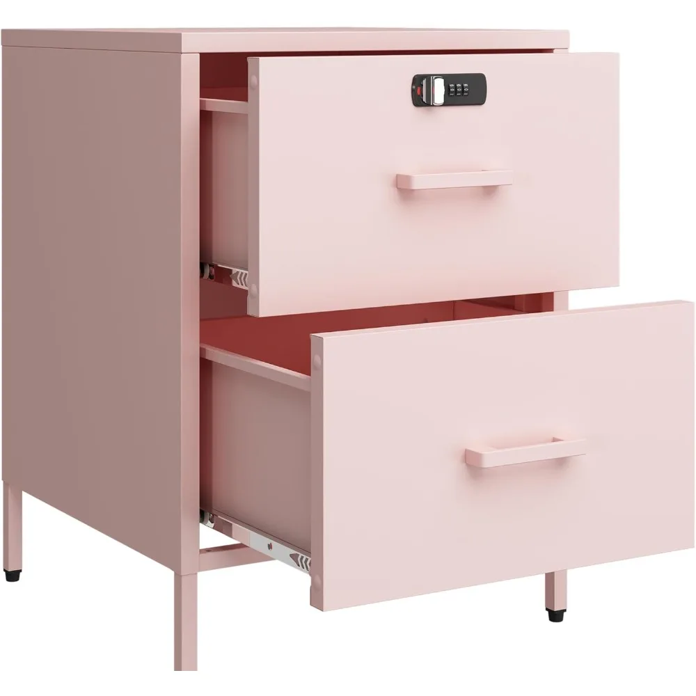 US Shipping Pink 2 Drawer End Side Table with Lock Metal Nightstand Lockable Storage Cabinet for Kids Living Room Bedroom