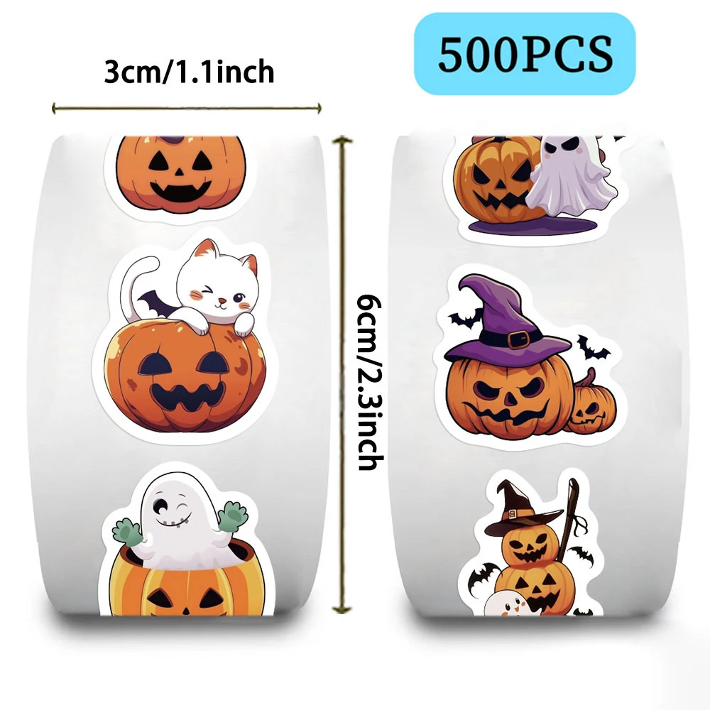 500pcs/Roll Halloween Seal Label Stickers Cute Cat Pumpkin Ghost Graffiti Sticker DIY Phone Guitar Funny Cartoon Decals for Gift