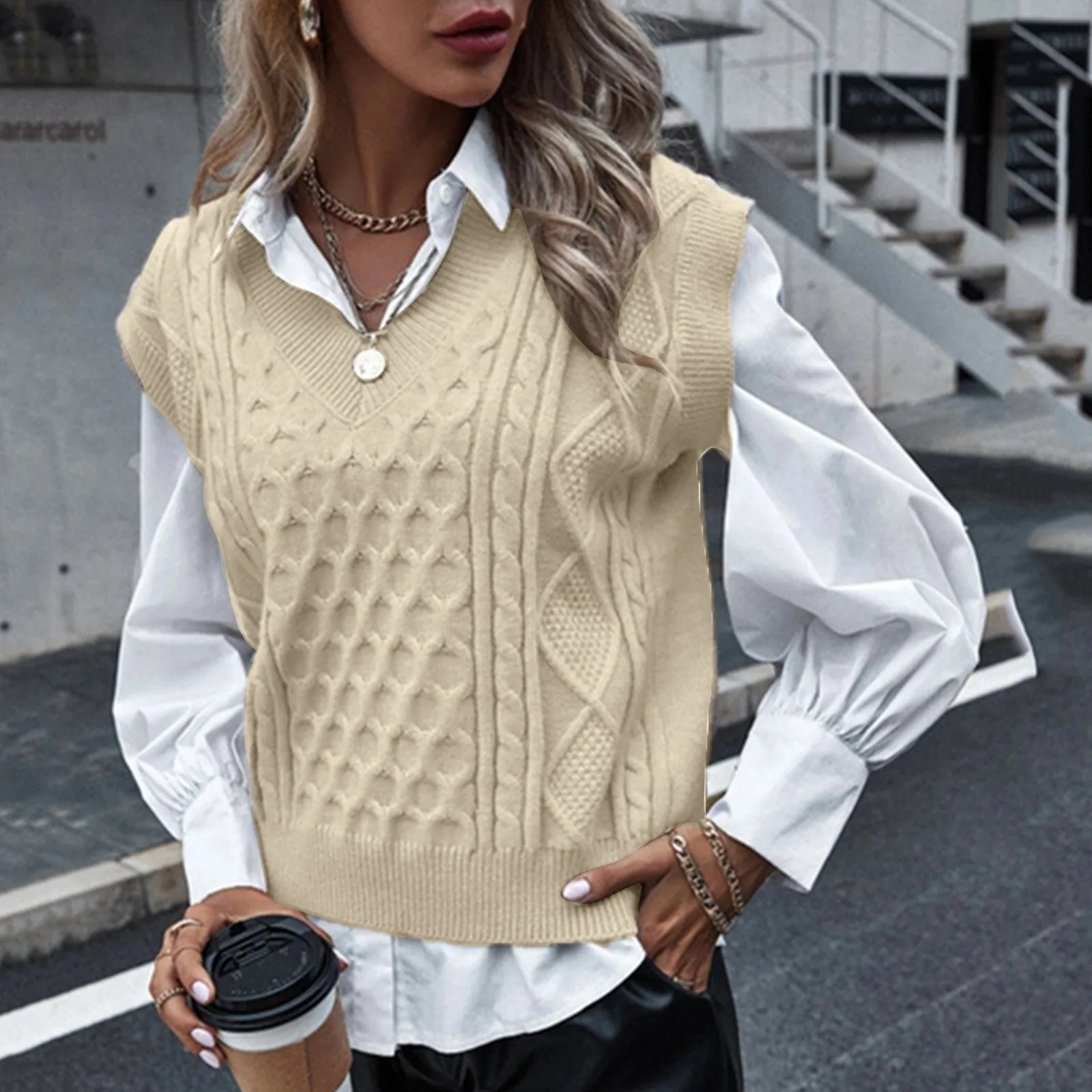 2024 New Women'S Knit Sleeveless Waistcoat Solid Color Simple V-Neck Fashion Sweater Trend Lightweight Warm Temperament Sweater