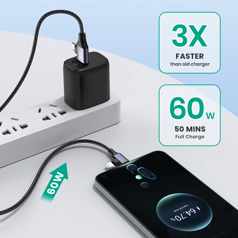 TOPK 2 في 1 USB نوع C إلى USB C كابل آيفون 15 60 واط/3A PD شحن سريع شاحن الحبل لماك بوك Xiaomi سامسونج نوع-C كابل