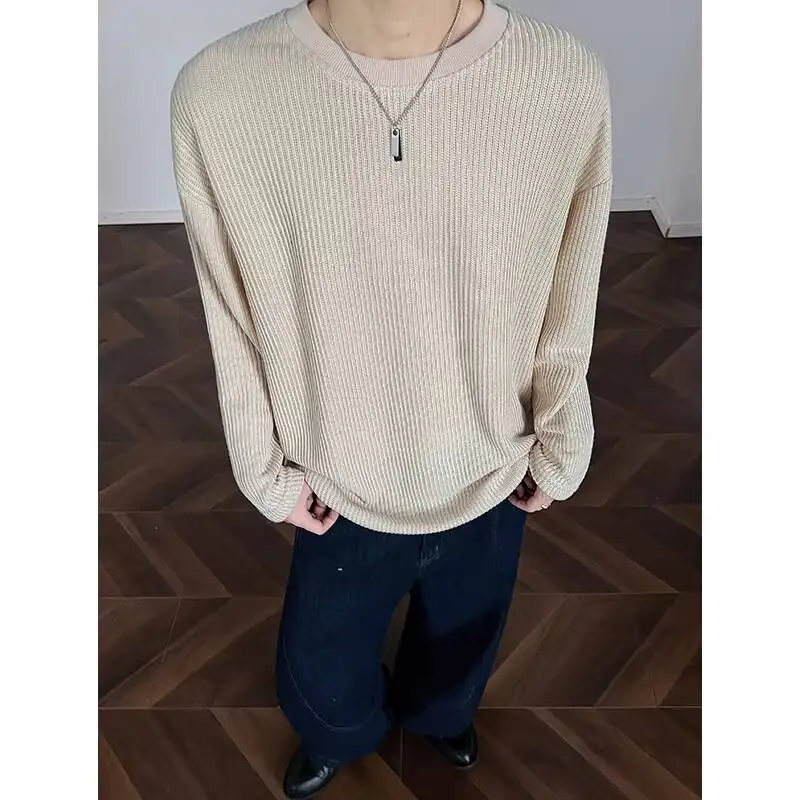 Spring Long Sleeved T-shirt Men Fashion Black Casual Knitted T-shirt Men Streetwear Korean Loose Pleated T Shirt Mens Tops