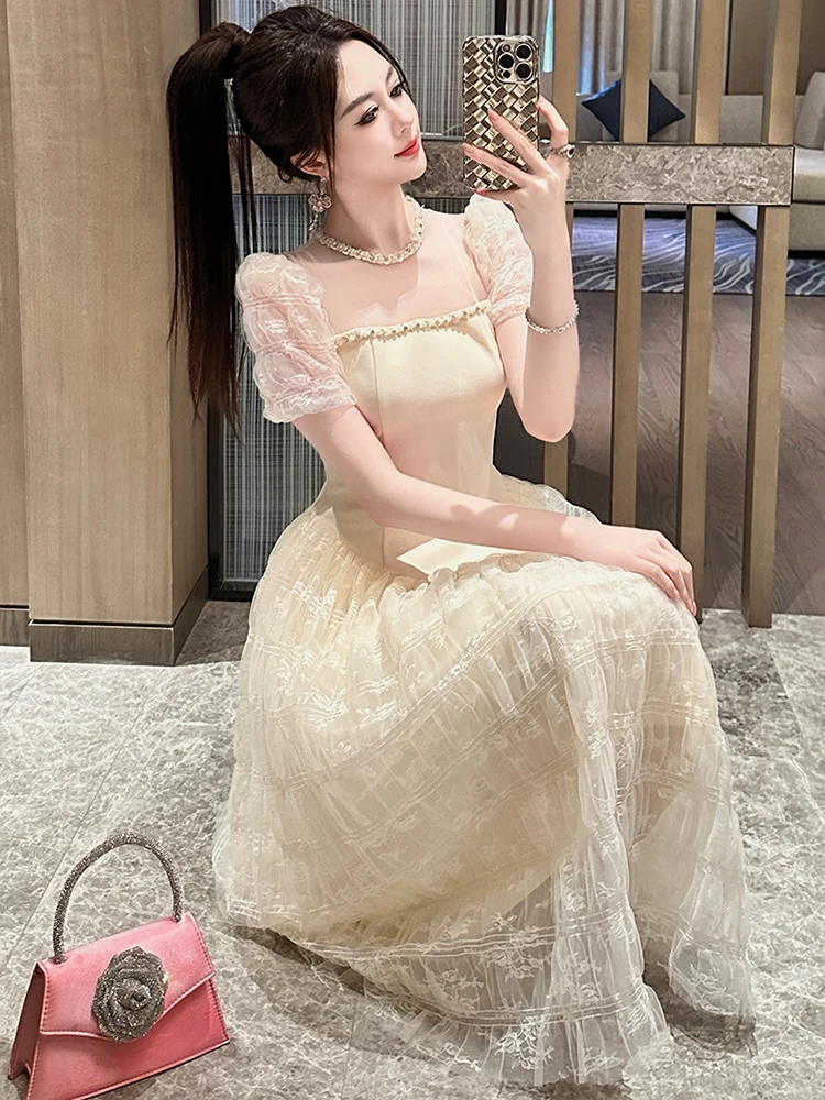 Robes de princesse féerique française pour femmes, douces et exquises, maille transparente, dentelle, perles, diamant, boule pivotante, Robe de fête d'anniversaire, de bal