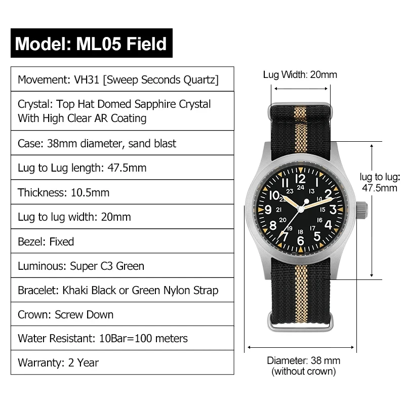 RDUNAE RA03 G10 34.5mm orologio militare retrò in acciaio inossidabile 316L K1 vetro minerale luminoso sportivo al quarzo da uomo orologio da pilota da uomo