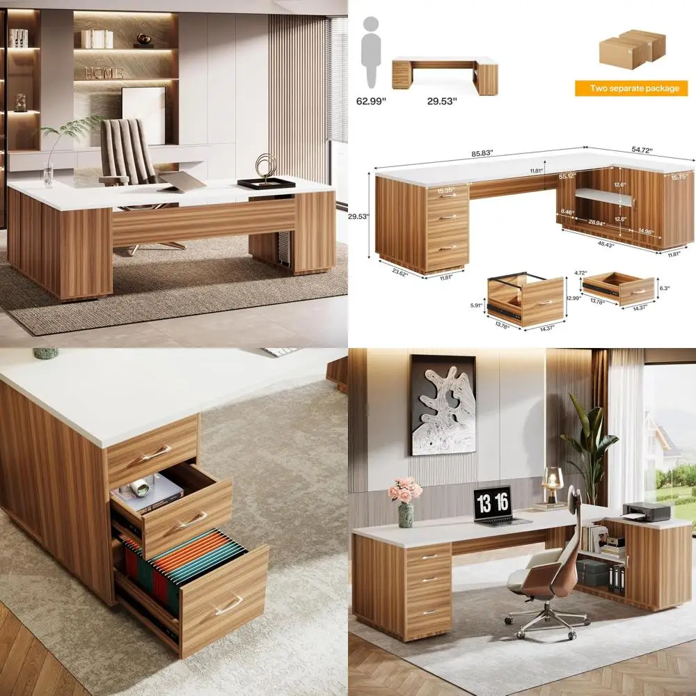 

85.8 L-Shaped Large Office Desk with File Drawers and Storage Cabinet, Walnut & White Executive Workstation with Adjustable Shel