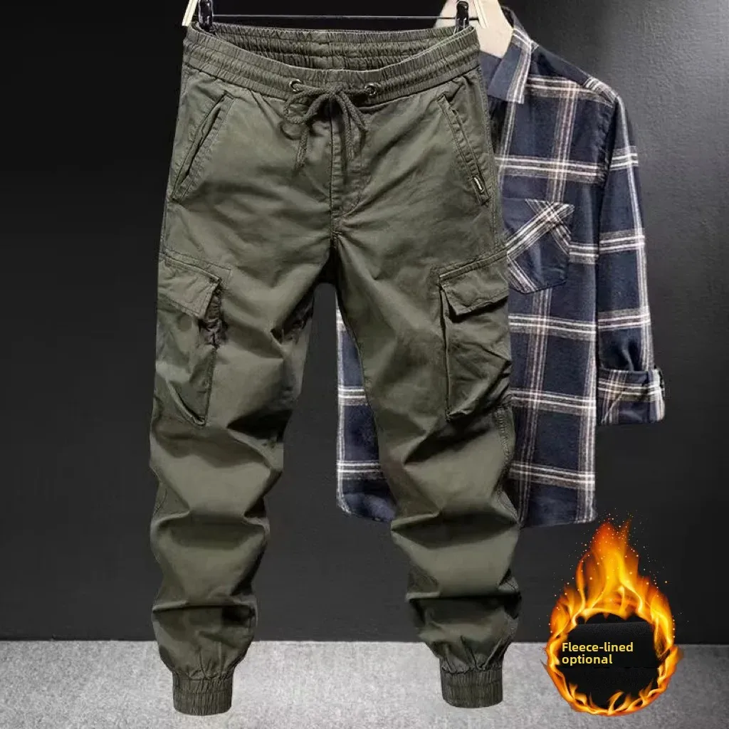 New Winter Men's Fleece-Lined Sports Casual Pants Loose Fit Versatile Workwear Nine-Point Length Trendy Brand Bundle Feet