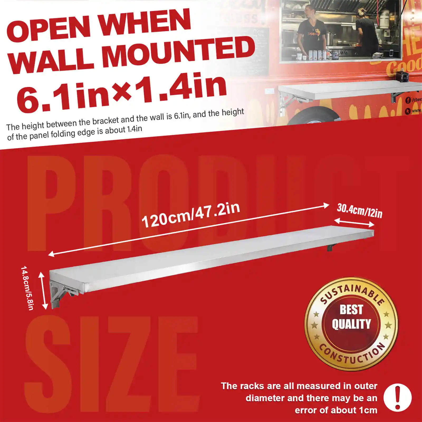 رف امتياز قابل للطي مقاس 48 بوصة × 12 بوصة، من الفولاذ المقاوم للصدأ قابل للطي لتقديم الطعام، حامل امتياز، رف تقديم