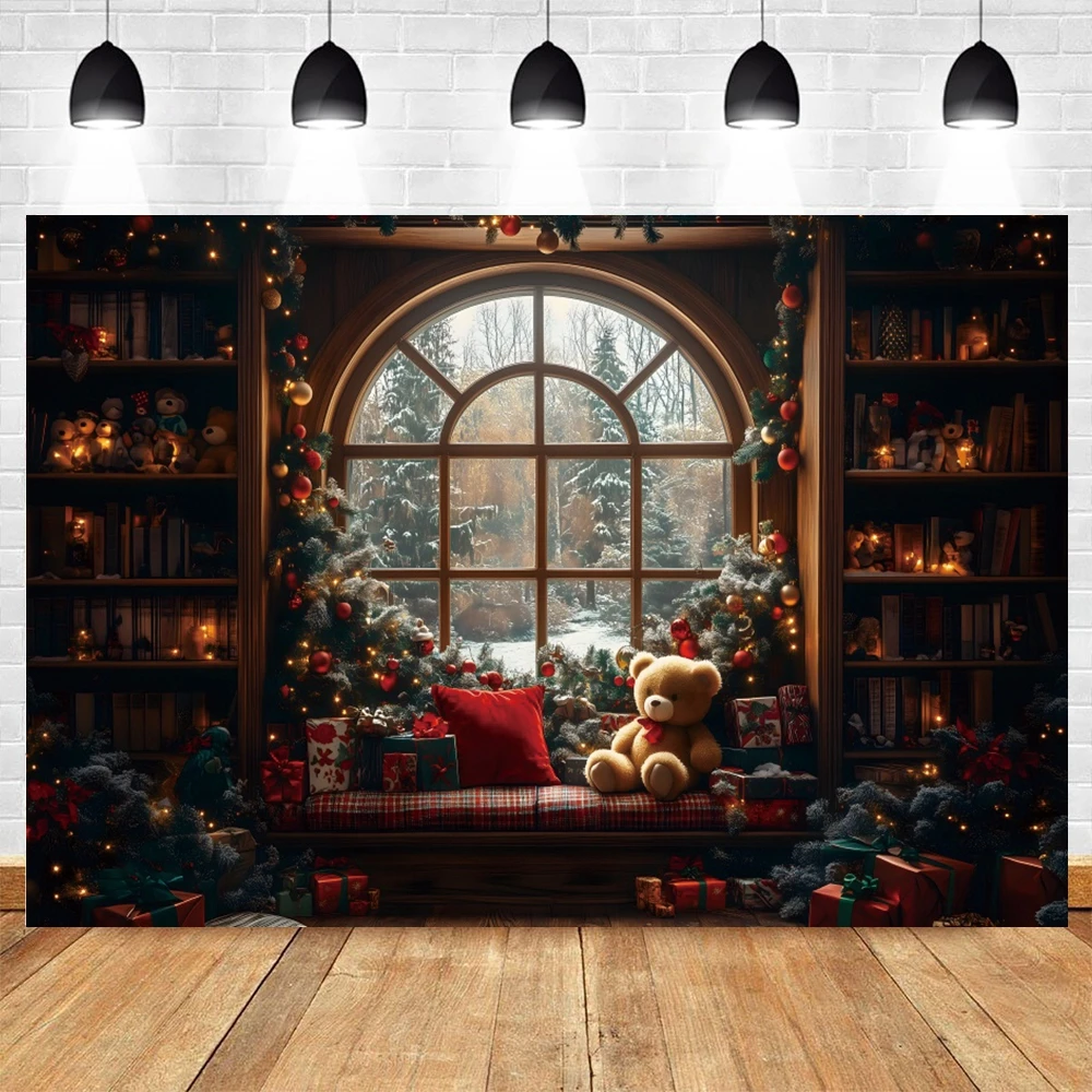 Фон для фотосъемки с Рождеством в стиле ретро, дворец, деревянная полка, плюшевый мишка, подарки, фон для рождественской елки, детский семейный портрет, проповеди