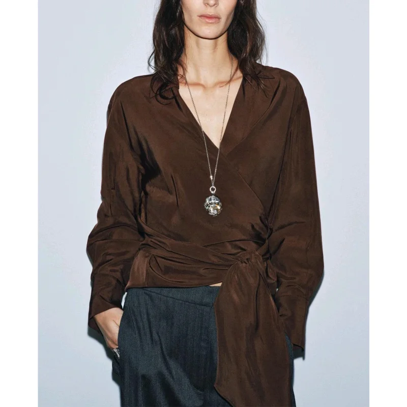 Winter New Women's irt  Knot Belted Double Breasted Long Sve Turn-down Collar Pleated Regular Length Polyester ...