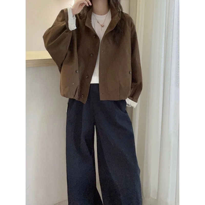 Fashionable European Short Outerwear Simple Stand Collar Single Row Loose Versatile Commuting Anti-Aging Coat for Women
