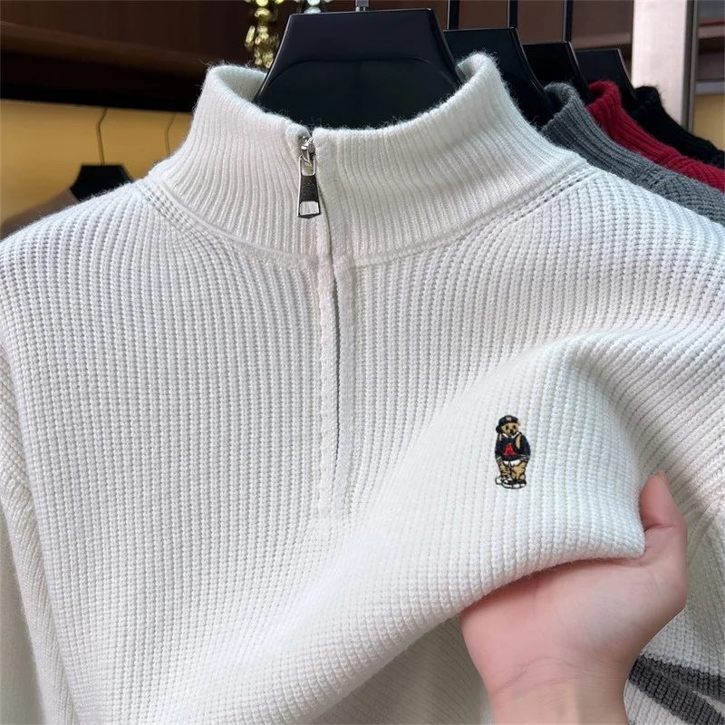 Trendy Men's Sweater Classic Striped Winter New Cartoon Bear Embroidery High-End Brand Zipper Mock Neck Casual Knitted Pullover