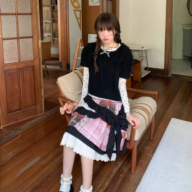 Japanese Original Design Pink Check Black Polka Dot Women's Skirt Summer Sweet Girl Irregular A-line Cake Half Skirts Ladies