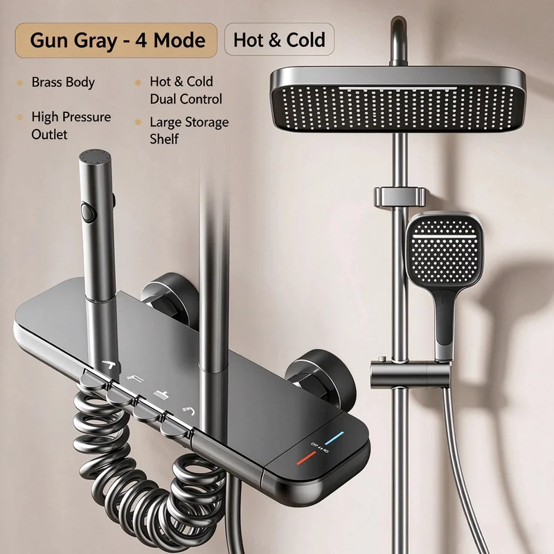 4-Mode Shower Set | Brass Main Body,Boosted Flow,Large Storage Shelf, Hot/Cold Dual Control, Thermostatic Option Available