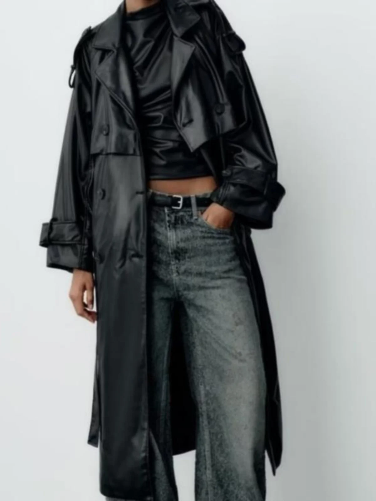 2025年春新作 レディース ロング丈 ルーズ レザーレットコート ブラック 通勤スタイル おしゃれ アウター 女性用 2558