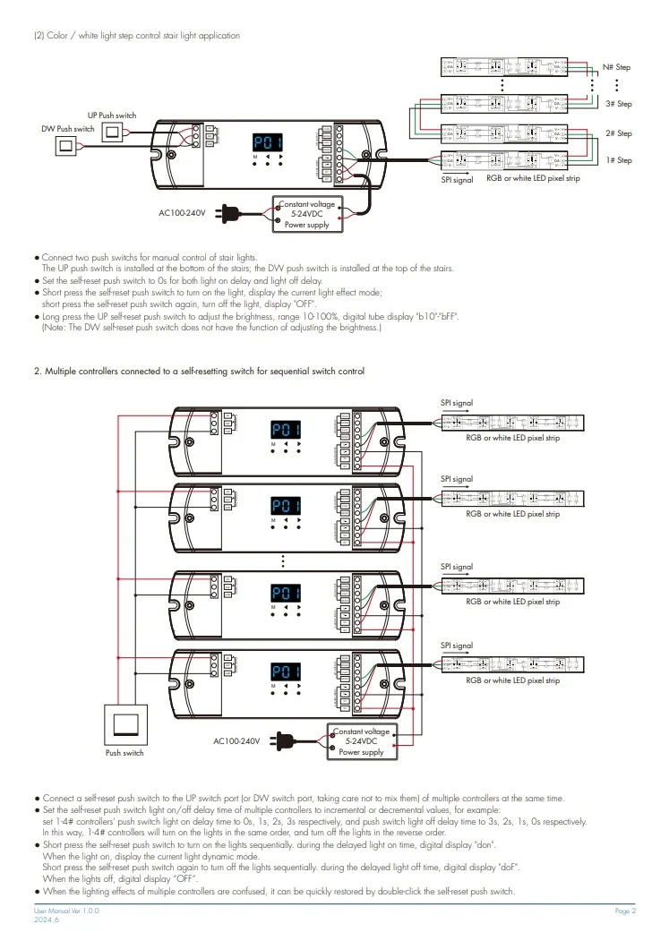 5-24VDC Stair Light Controller Dual Push Button SPI Controller Dimmer ES-DP for WS2811 2812 SK9822 RGB or White Light LED Strip