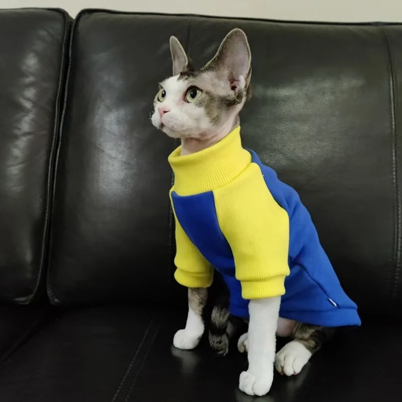 Sphynx Cat Clothes Sweater for Kittens Dogs Winter Autumn Cotton Coat for Devon Rex Long Sleeves Color-block Sweatshirt for Cat