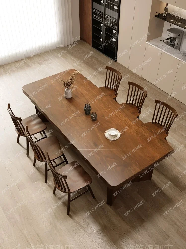 All solid wood dining tables and chairs, household rectangular medium and ancient style dining table, integrated into