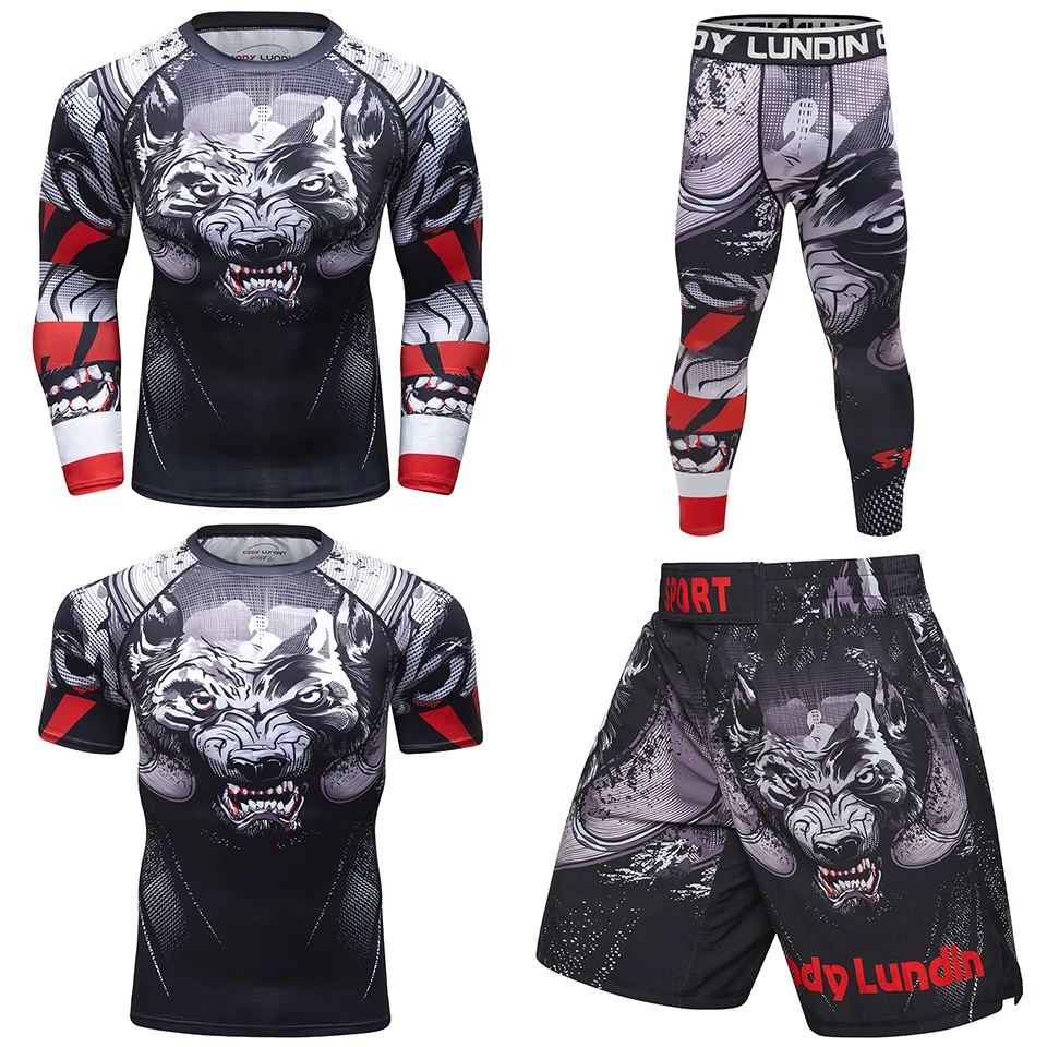 Najlepiej sprzedająca się szalona koszulka kompresyjna siłownia Sport MMA Rashguard Jiu Jitsu Fitness szybkoschnący dres mężczyźni dorosłe zestawy