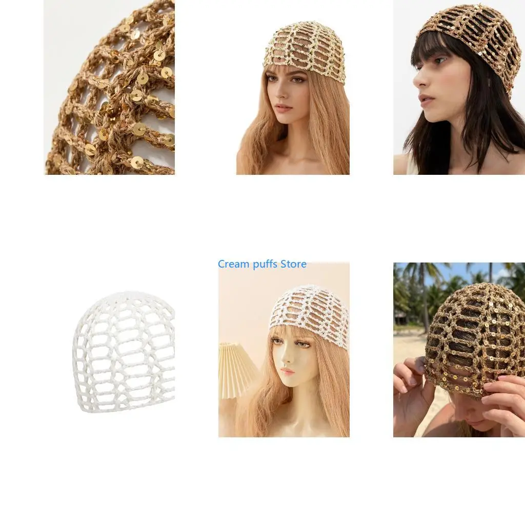 50LE Hollows Out Knitted Hat Stylish Openwork Crochet Hat Handworks Sun Protecting For Beach and Outdoor Activity