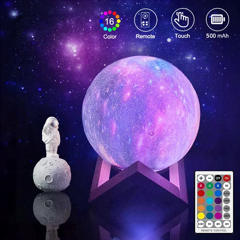 3D Printed Starry Star Moon Lights 16 Colors Rechargeable Touch Remote Galaxy Night Light USB Table Lamp Kids Christmas Gifts